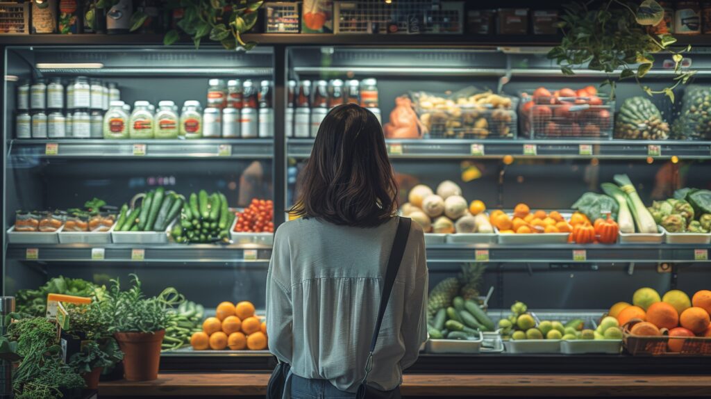 Physical Exercise. Habitual Integration. person making healthy choices at grocery store, selecting fresh produce and lean protein, representing connection between exercise and overall well-being. See Less