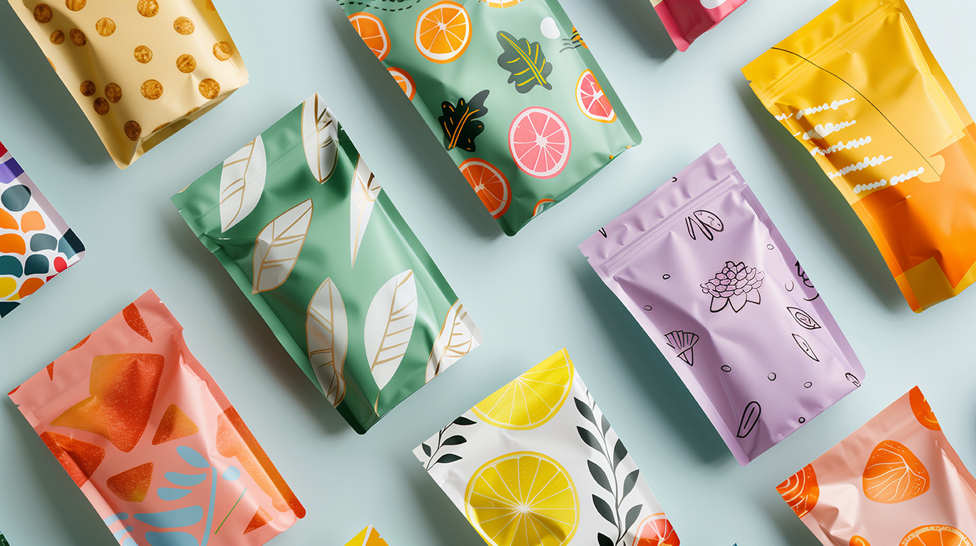 Flat lay trendy colorful snack packaging designs on isolated background