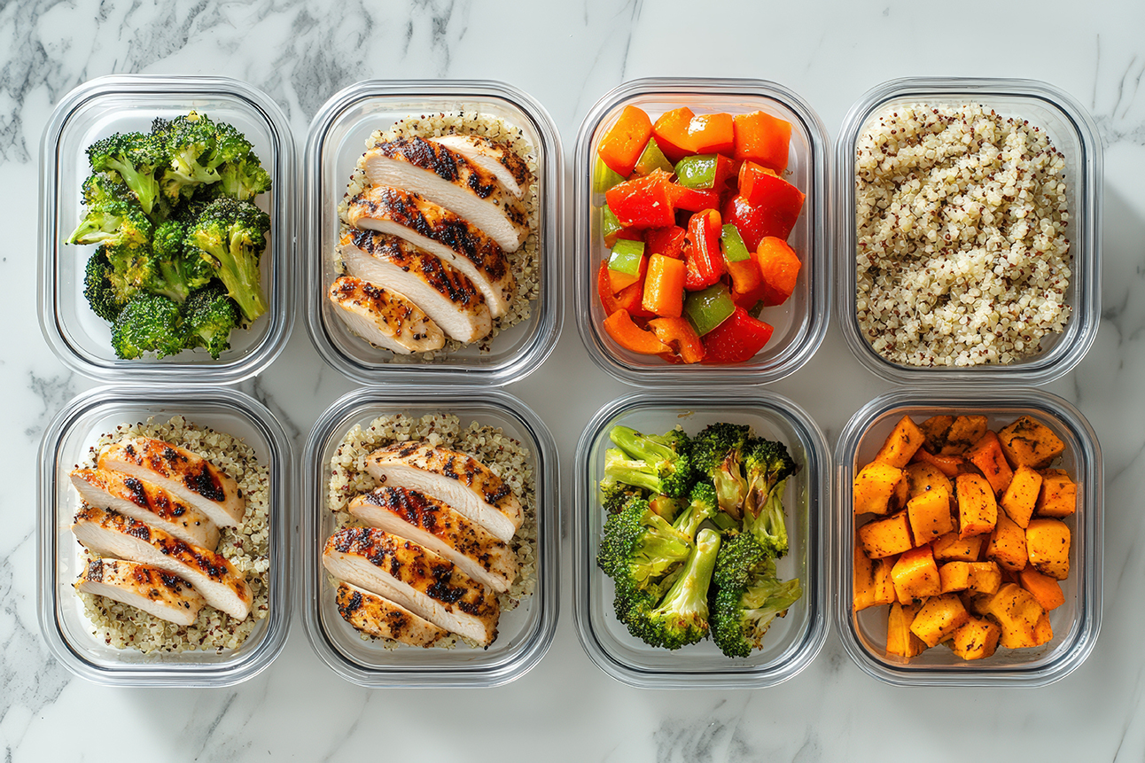Eight meal prep containers filled with a healthy lunch or dinner of chicken, broccoli, quinoa and sweet potato